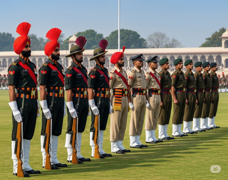 Personnel from several service branches in ceremonial dress standing in a line on a parade ground.